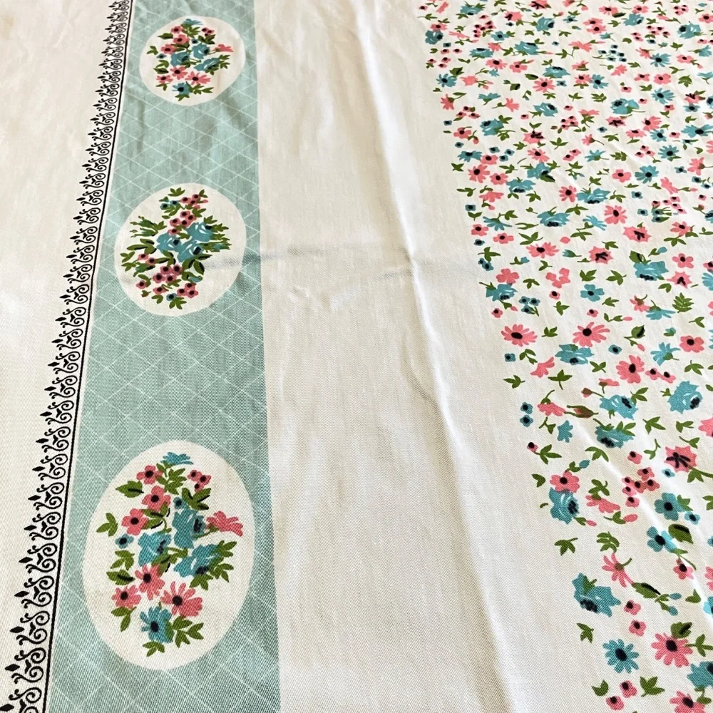 Vintage Cotton Printed MC Tablecloth Aqua Pink Black Green 52